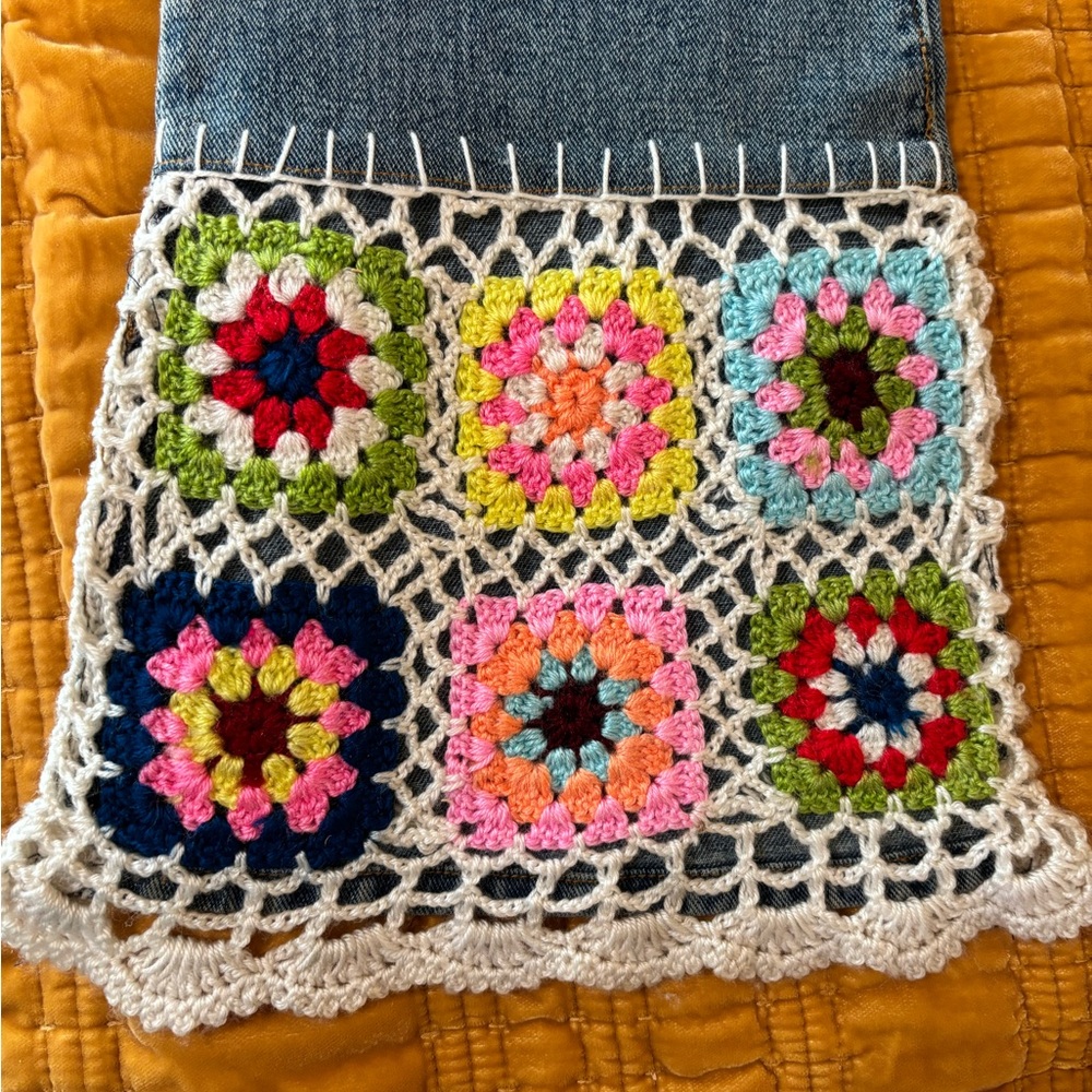 Revolt Y2K Crochet Flare Jeans | Boho Granny Square Patchwork Denim Size 27 - Picture 2 of 9